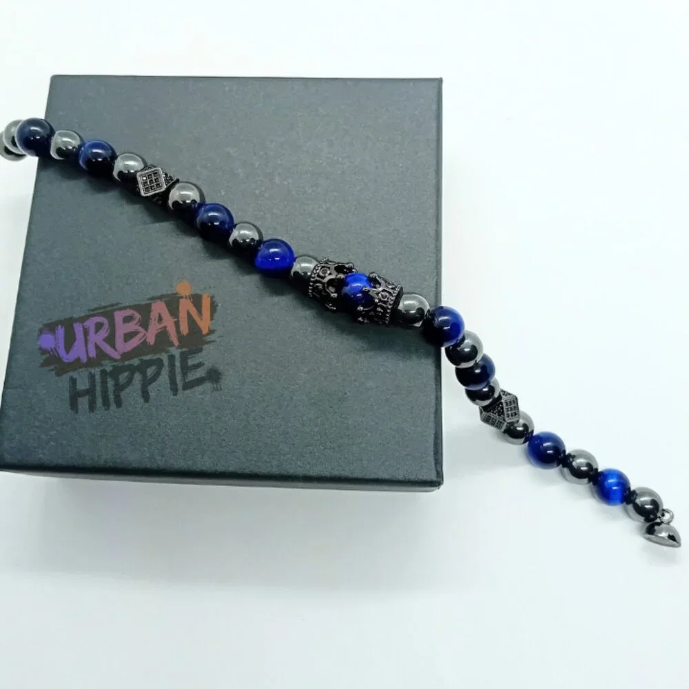 GEMSTONE Men's Double Crown Tiger's Eye & Hematite Beaded Bracelet Magnet Clasp